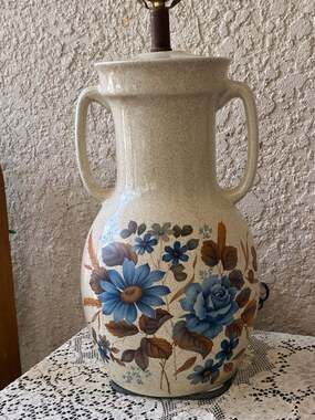 Vintage Handled Ceramic Table Lamp with Blue Floral Pattern and Speckled Glaze